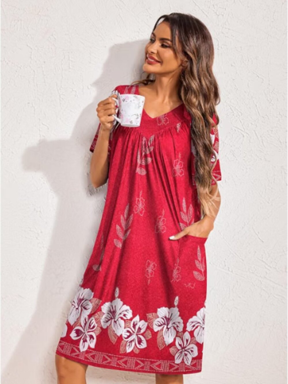 Ekouaer Midi Nightgown Pleated House Dress Pockets Short Sleeve Red Floral